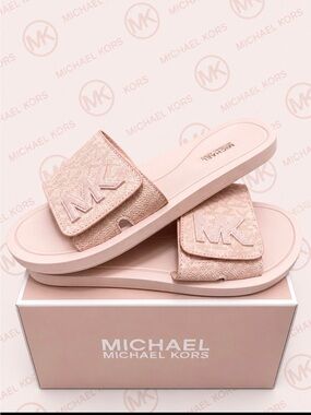 Michael Kors Blush Pink Glitter MK Slide Sandals